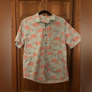 Retrofit Men's Sz S 100% Cotton Blue Flamingo Patterned Shortsleeve Button Down